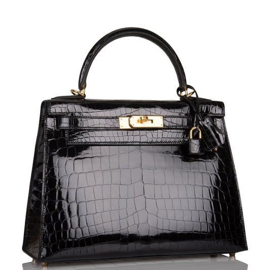 Hermes Kelly 28 Sellier Black Shiny Niloticus Crocodile Gold Hardware