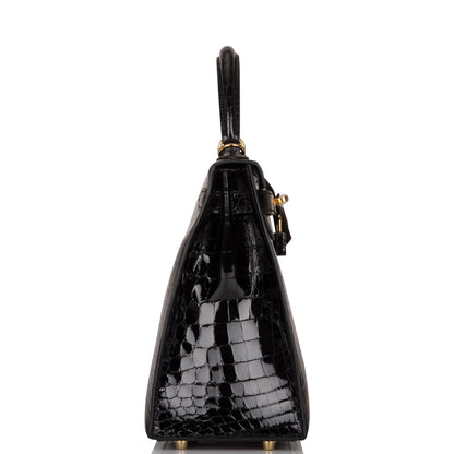 Hermes Kelly 28 Sellier Black Shiny Niloticus Crocodile Gold Hardware