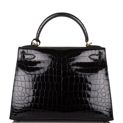 Hermes Kelly 28 Sellier Black Shiny Niloticus Crocodile Gold Hardware
