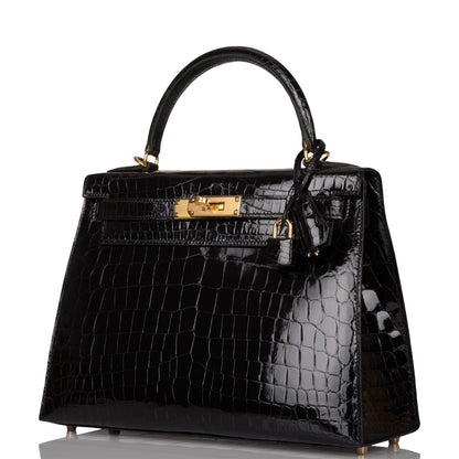 Hermes Kelly 28 Sellier Black Shiny Niloticus Crocodile Gold Hardware