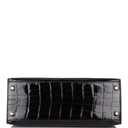 Hermes Kelly 28 Sellier Black Shiny Niloticus Crocodile Gold Hardware