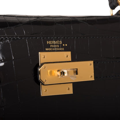 Hermes Kelly 28 Sellier Black Shiny Niloticus Crocodile Gold Hardware