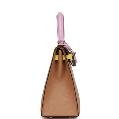 Hermes Kelly 25 Sellier Tri-Color Chai, Lime and Mauve Sylvestre Epsom Palladium Hardware