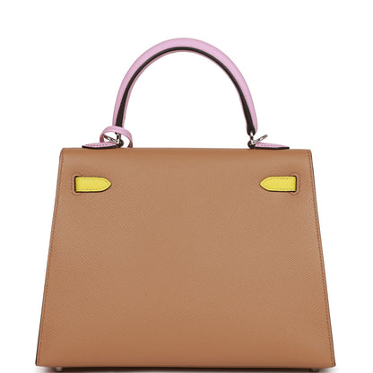 Hermes Kelly 25 Sellier Tri-Color Chai, Lime and Mauve Sylvestre Epsom Palladium Hardware