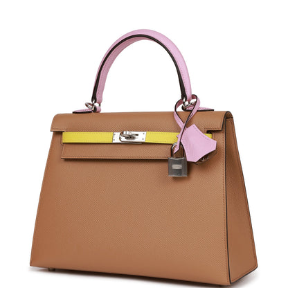 Hermes Kelly 25 Sellier Tri-Color Chai, Lime and Mauve Sylvestre Epsom Palladium Hardware