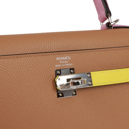 Hermes Kelly 25 Sellier Tri-Color Chai, Lime and Mauve Sylvestre Epsom Palladium Hardware