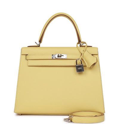Hermes Kelly 25 Sellier Jaune Poussin Epsom Palladium Hardware