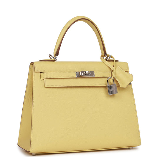 Hermes Kelly 25 Sellier Jaune Poussin Epsom Palladium Hardware