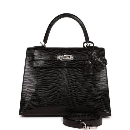Hermes Kelly 25 Sellier Black Lizard Palladium Hardware