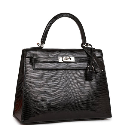 Hermes Kelly 25 Sellier Black Lizard Palladium Hardware