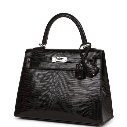 Hermes Kelly 25 Sellier Black Lizard Palladium Hardware