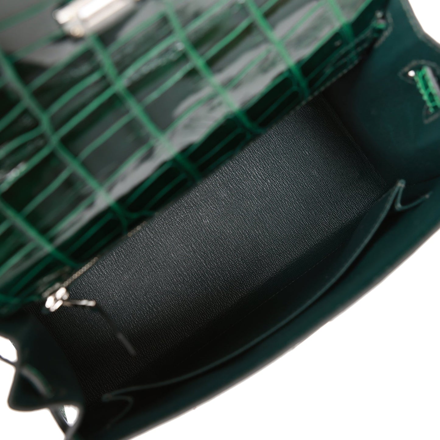 Hermes Kelly 25 Sellier Vert Fonce Shiny Alligator Palladium Hardware