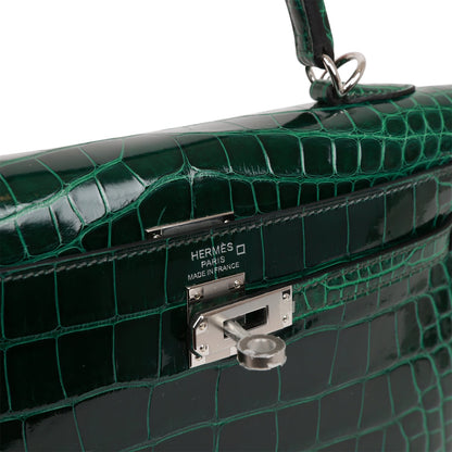 Hermes Kelly 25 Sellier Vert Fonce Shiny Alligator Palladium Hardware