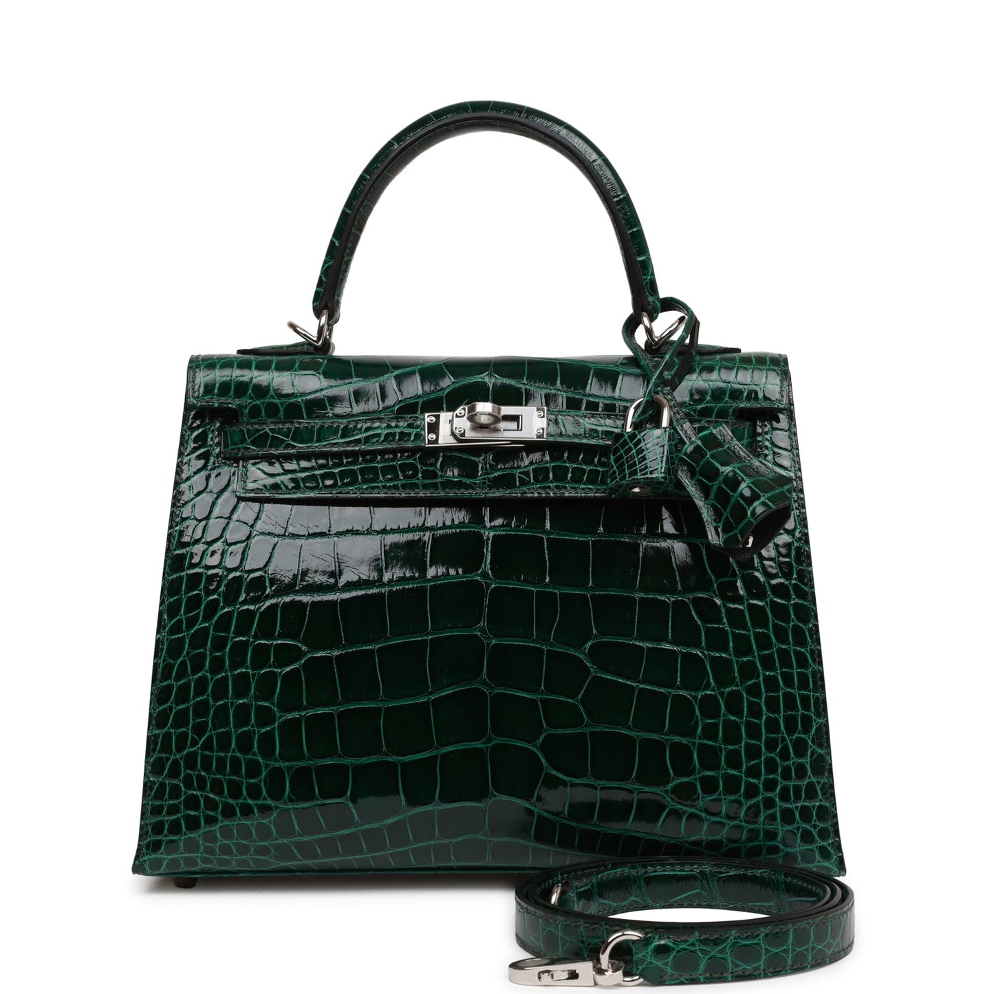 Hermes Kelly 25 Sellier Vert Fonce Shiny Alligator Palladium Hardware
