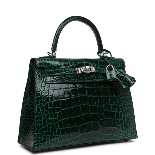 Hermes Kelly 25 Sellier Vert Fonce Shiny Alligator Palladium Hardware