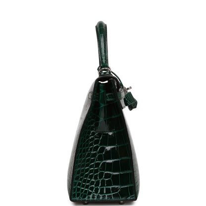Hermes Kelly 25 Sellier Vert Fonce Shiny Alligator Palladium Hardware