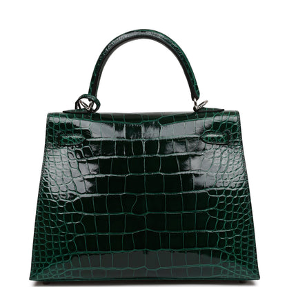 Hermes Kelly 25 Sellier Vert Fonce Shiny Alligator Palladium Hardware