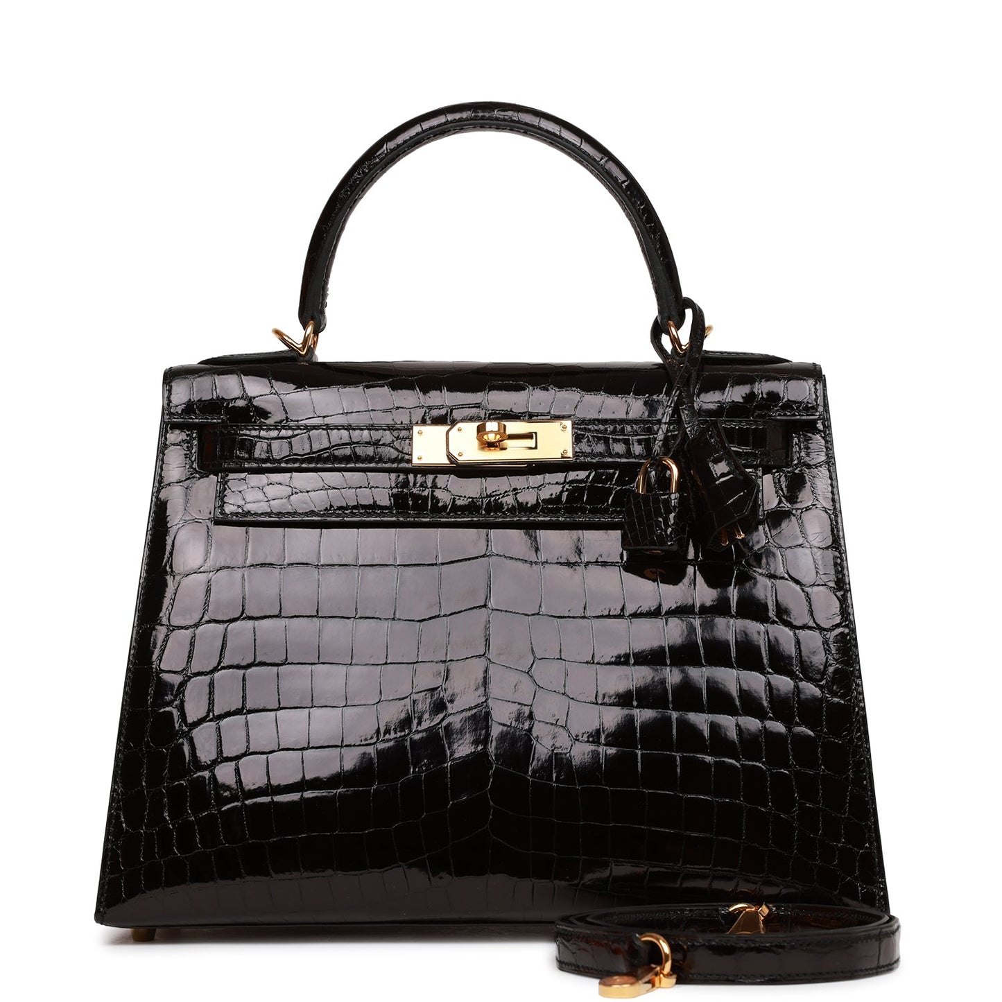 Hermes Kelly 28 Sellier Black Shiny Niloticus Crocodile Gold Hardware