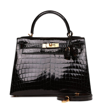 Hermes Kelly 28 Sellier Black Shiny Niloticus Crocodile Gold Hardware