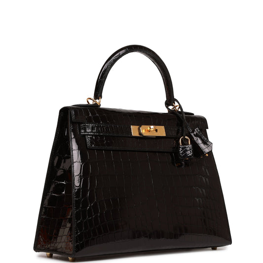 Hermes Kelly 28 Sellier Black Shiny Niloticus Crocodile Gold Hardware