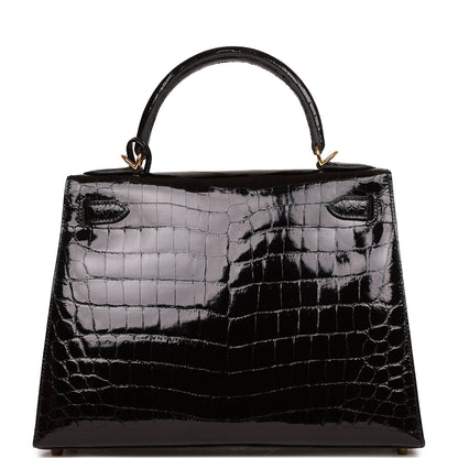 Hermes Kelly 28 Sellier Black Shiny Niloticus Crocodile Gold Hardware