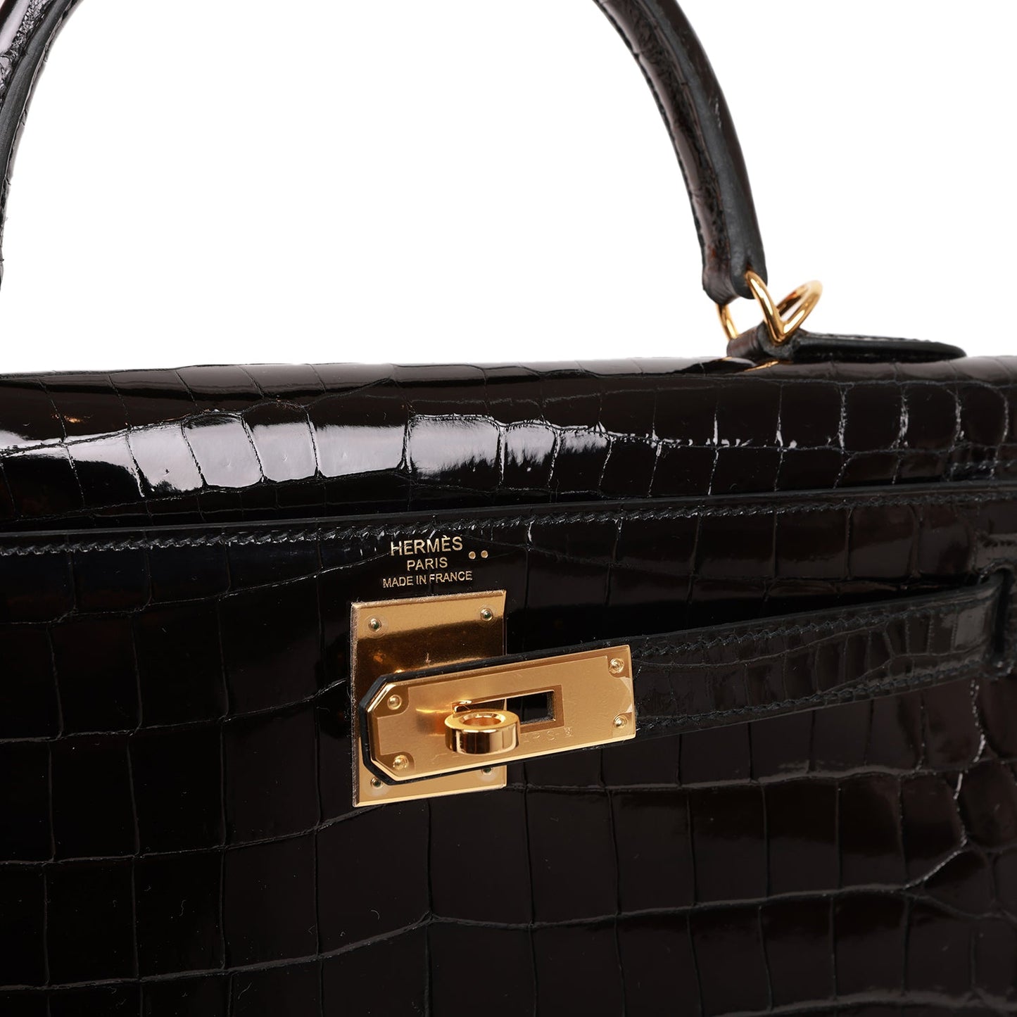 Hermes Kelly 28 Sellier Black Shiny Niloticus Crocodile Gold Hardware