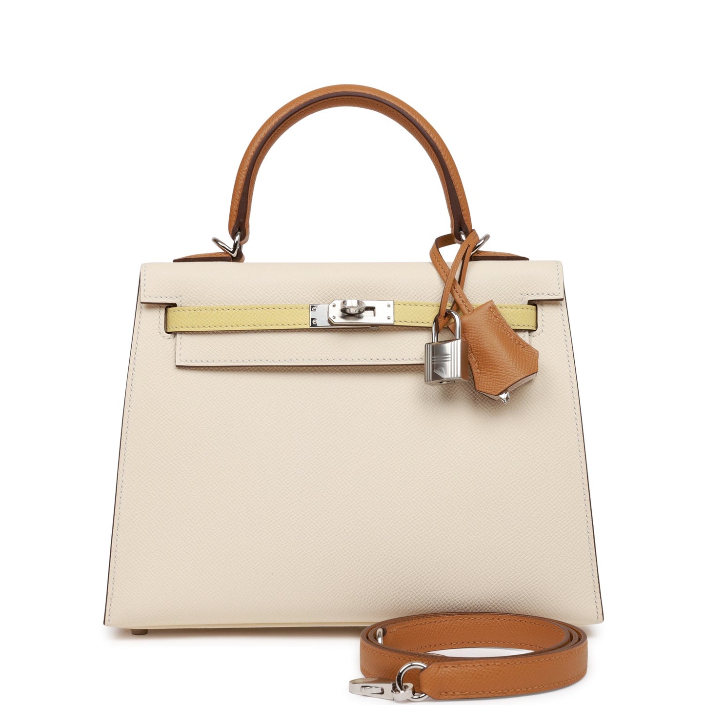 Hermes Kelly 25 Sellier Tri-Color Nata, Jaune Poussin and Sesame Epsom Palladium Hardware