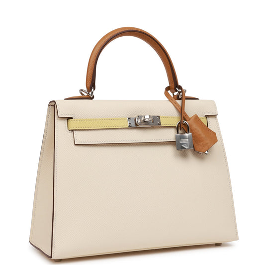 Hermes Kelly 25 Sellier Tri-Color Nata, Jaune Poussin and Sesame Epsom Palladium Hardware