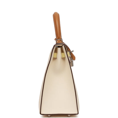 Hermes Kelly 25 Sellier Tri-Color Nata, Jaune Poussin and Sesame Epsom Palladium Hardware