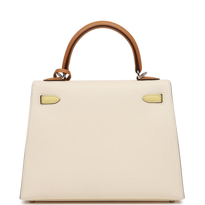 Hermes Kelly 25 Sellier Tri-Color Nata, Jaune Poussin and Sesame Epsom Palladium Hardware