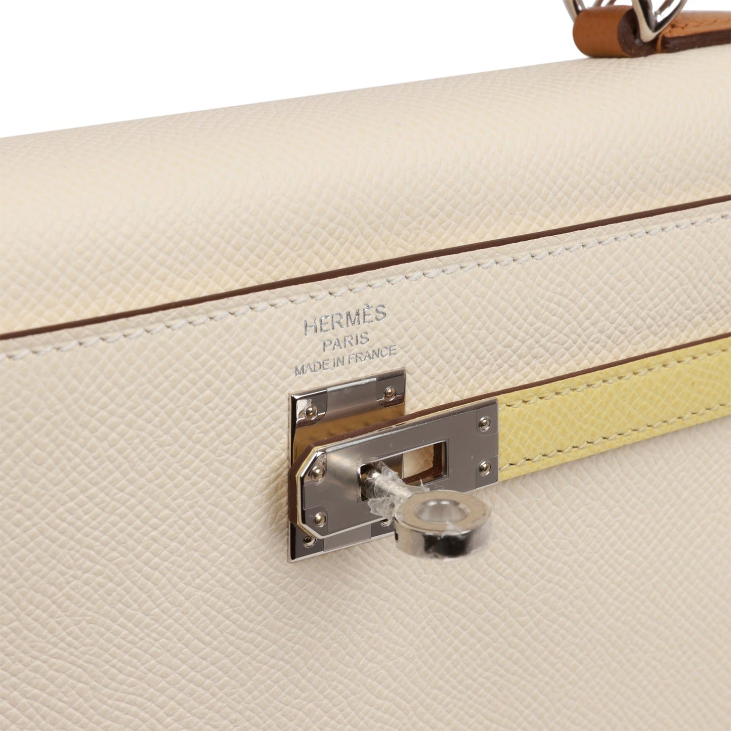 Hermes Kelly 25 Sellier Tri-Color Nata, Jaune Poussin and Sesame Epsom Palladium Hardware