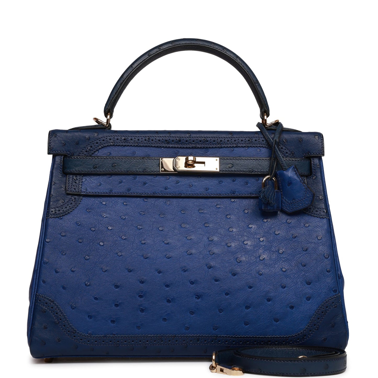 Hermes Ghillies Kelly 32 Retourne Bleu Saphir, Bleu Iris and Bleu de Malte Ostrich Permabrass Hardware