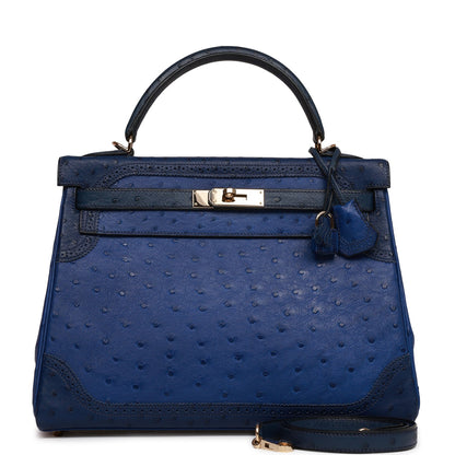 Hermes Ghillies Kelly 32 Retourne Bleu Saphir, Bleu Iris and Bleu de Malte Ostrich Permabrass Hardware