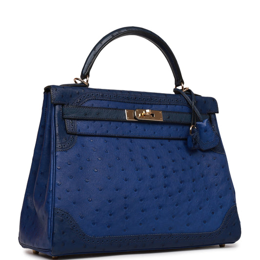 Hermes Ghillies Kelly 32 Retourne Bleu Saphir, Bleu Iris and Bleu de Malte Ostrich Permabrass Hardware