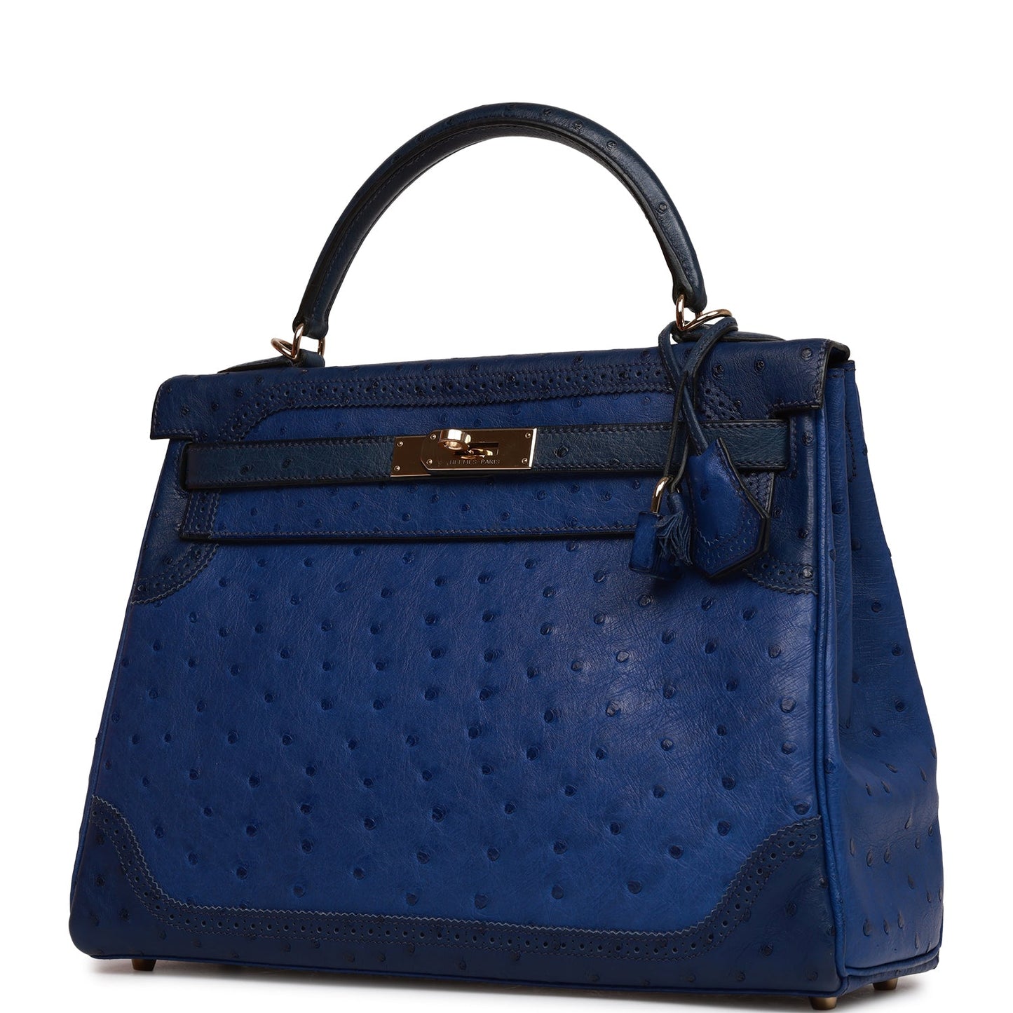 Hermes Ghillies Kelly 32 Retourne Bleu Saphir, Bleu Iris and Bleu de Malte Ostrich Permabrass Hardware