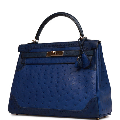 Hermes Ghillies Kelly 32 Retourne Bleu Saphir, Bleu Iris and Bleu de Malte Ostrich Permabrass Hardware