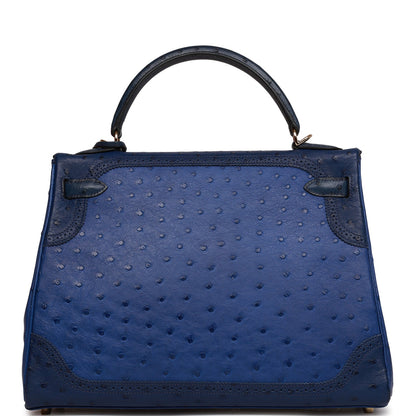 Hermes Ghillies Kelly 32 Retourne Bleu Saphir, Bleu Iris and Bleu de Malte Ostrich Permabrass Hardware