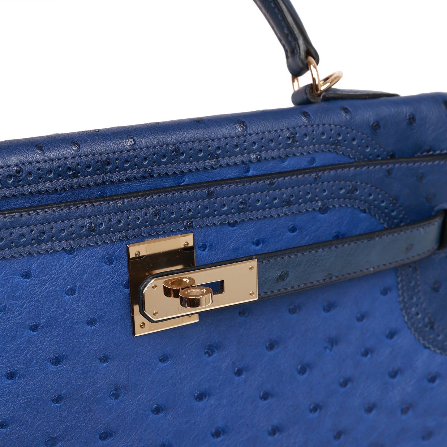 Hermes Ghillies Kelly 32 Retourne Bleu Saphir, Bleu Iris and Bleu de Malte Ostrich Permabrass Hardware