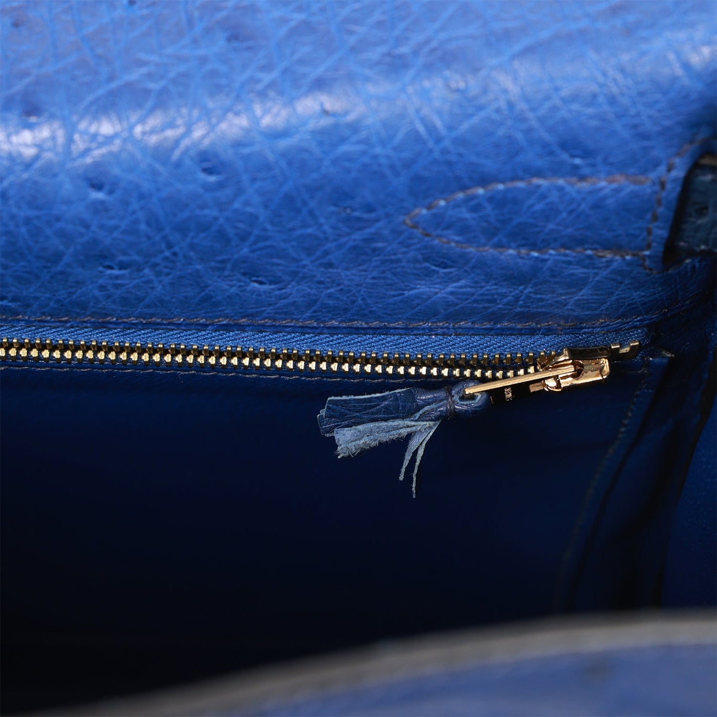 Hermes Ghillies Kelly 32 Retourne Bleu Saphir, Bleu Iris and Bleu de Malte Ostrich Permabrass Hardware