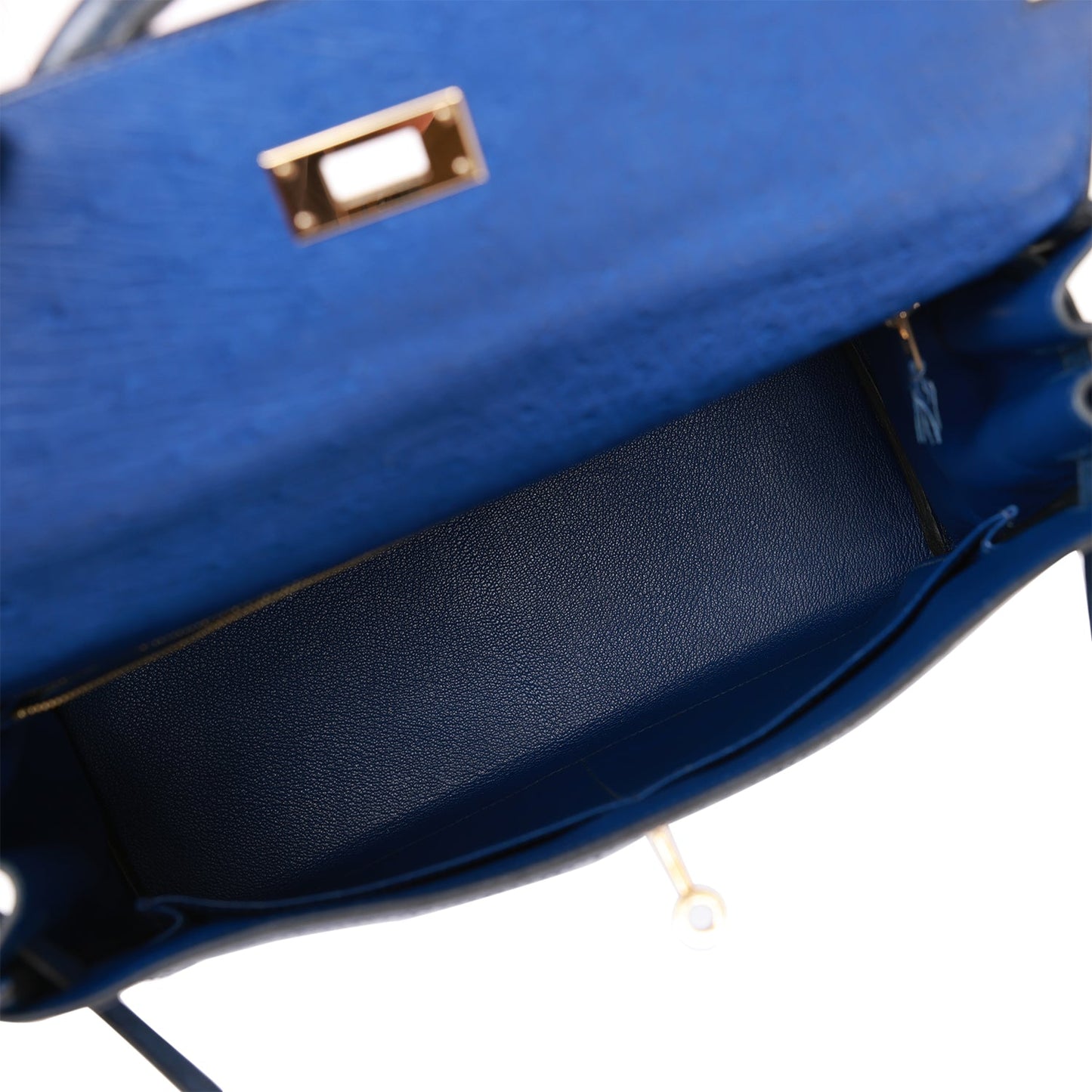 Hermes Ghillies Kelly 32 Retourne Bleu Saphir, Bleu Iris and Bleu de Malte Ostrich Permabrass Hardware