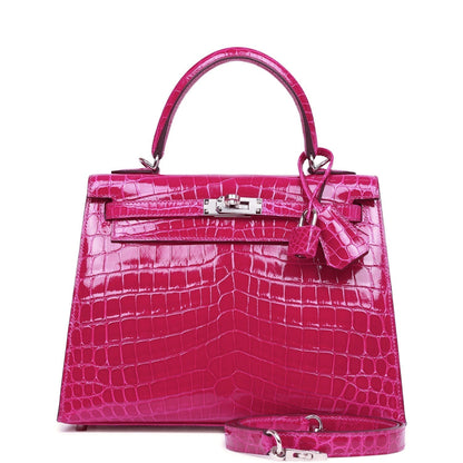 Hermes Kelly 25 Sellier Rose Pourpre Shiny Niloticus Crocodile Palladium Hardware