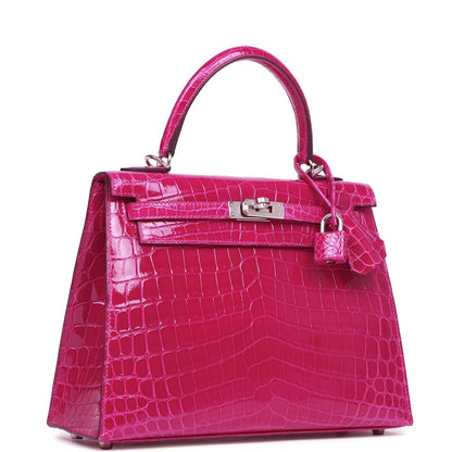 Hermes Kelly 25 Sellier Rose Pourpre Shiny Niloticus Crocodile Palladium Hardware