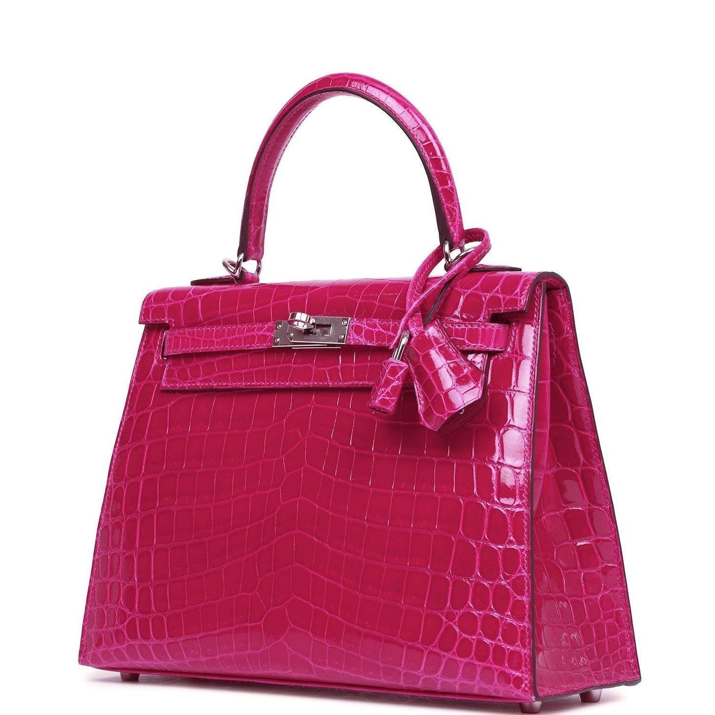 Hermes Kelly 25 Sellier Rose Pourpre Shiny Niloticus Crocodile Palladium Hardware