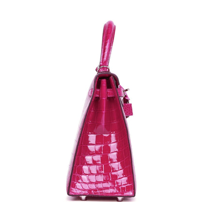 Hermes Kelly 25 Sellier Rose Pourpre Shiny Niloticus Crocodile Palladium Hardware