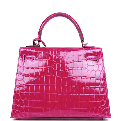 Hermes Kelly 25 Sellier Rose Pourpre Shiny Niloticus Crocodile Palladium Hardware