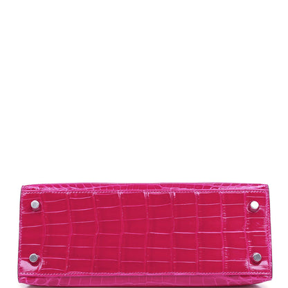 Hermes Kelly 25 Sellier Rose Pourpre Shiny Niloticus Crocodile Palladium Hardware