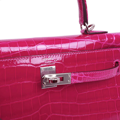 Hermes Kelly 25 Sellier Rose Pourpre Shiny Niloticus Crocodile Palladium Hardware