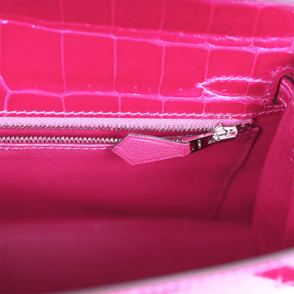 Hermes Kelly 25 Sellier Rose Pourpre Shiny Niloticus Crocodile Palladium Hardware