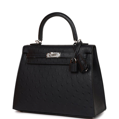 Hermes Kelly 25 Sellier Caban Ostrich Palladium Hardware