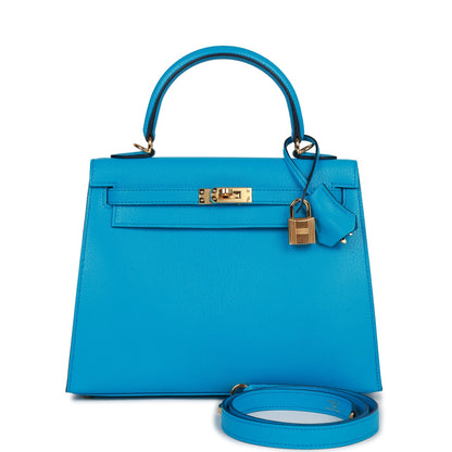 Hermes Kelly 25 Sellier Bleu Frida Chevre Gold Hardware